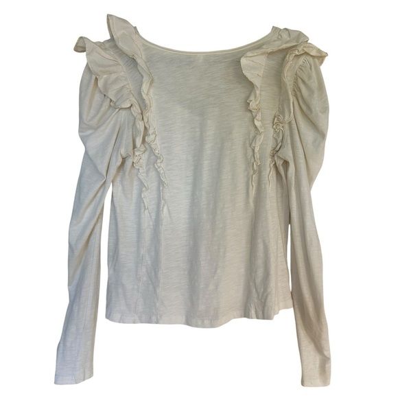 Anthropologie Cream Ruffled V-Neck Puff Shoulder Blouse Cotton Small - Picture 3 of 9